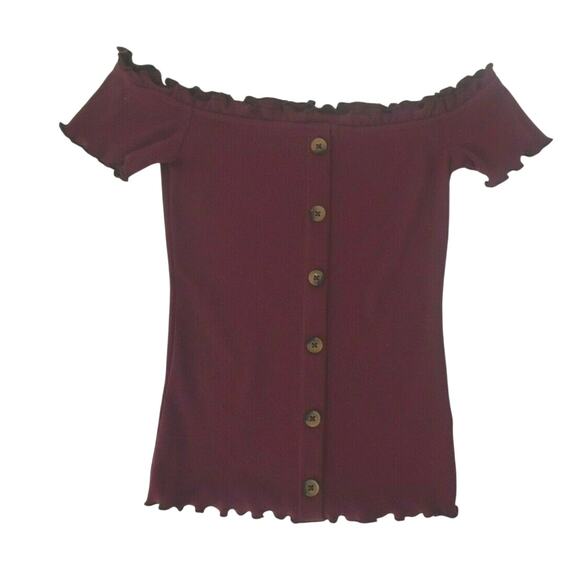 Aero Seriously Soft Burgundy Rib Knit Lettuce Trim Off Shoulder Top XS - Picture 1 of 5